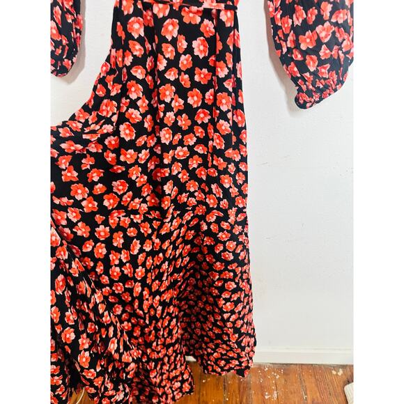 GANNI Red Black Floral Wrap Puff Sleeves V-Neckline Midi Dress size 36 - Picture 11 of 16